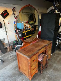 Vintage Wooden Vanity with Large Round Mirror and Stool