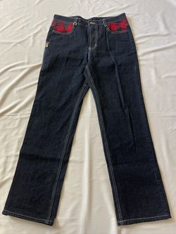 Men Denim Jeans Bottom Pants Checker Plaid Pockets Dark Blue Activewear 36