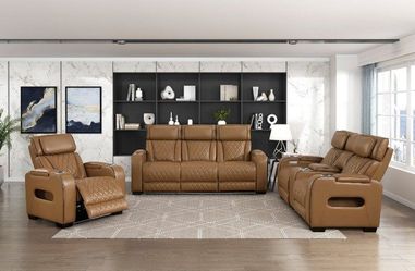 Diamond stitch brown power reclining Sofa w/LED & wireless surround sound