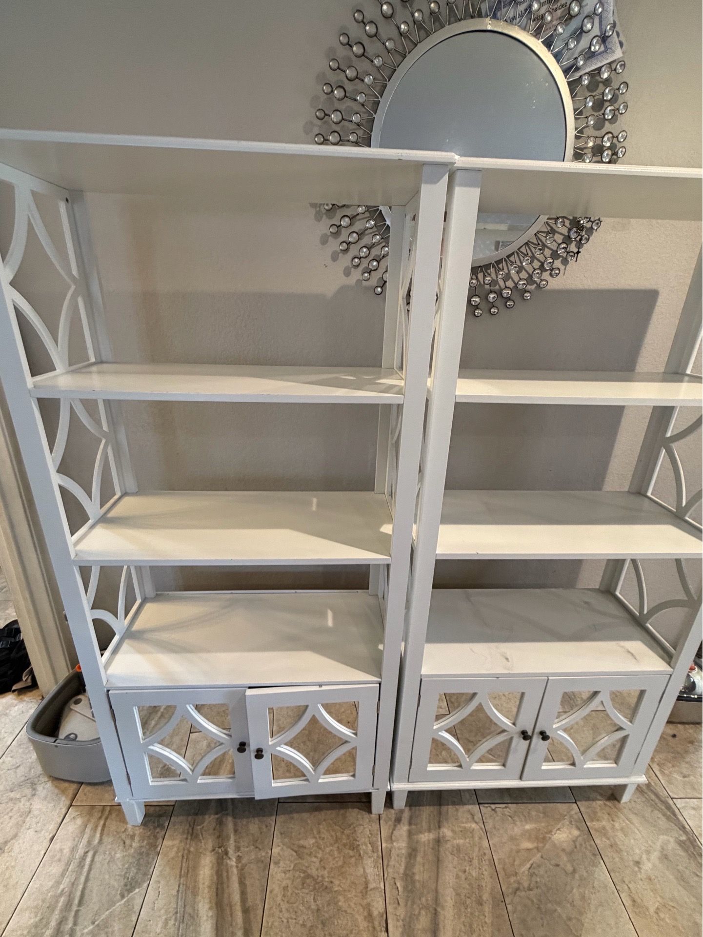 2 white 4-Tier Tall Bookcase Storage Cabinet with 2 Mirror Doors, 3-Tier Open Shelves & Carved Pattern, Wooden Bookshelf Display Cabinet for Living Ro