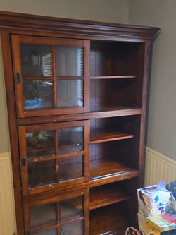 Wood Bookcase Cabinet with Sliding Glass Doors