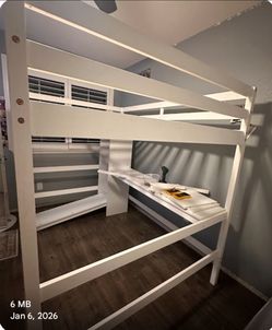WOOD  White Loft Bed with Desk - Size Full