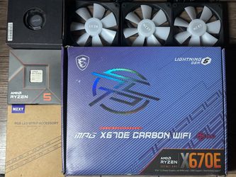 MSI Mpg x670e carbon wifi gen 5, Amd Ryzen 5 7600X cpu, 3 NZXT Rgb fans, 1 amd cpu cooler,1 rgbstrip