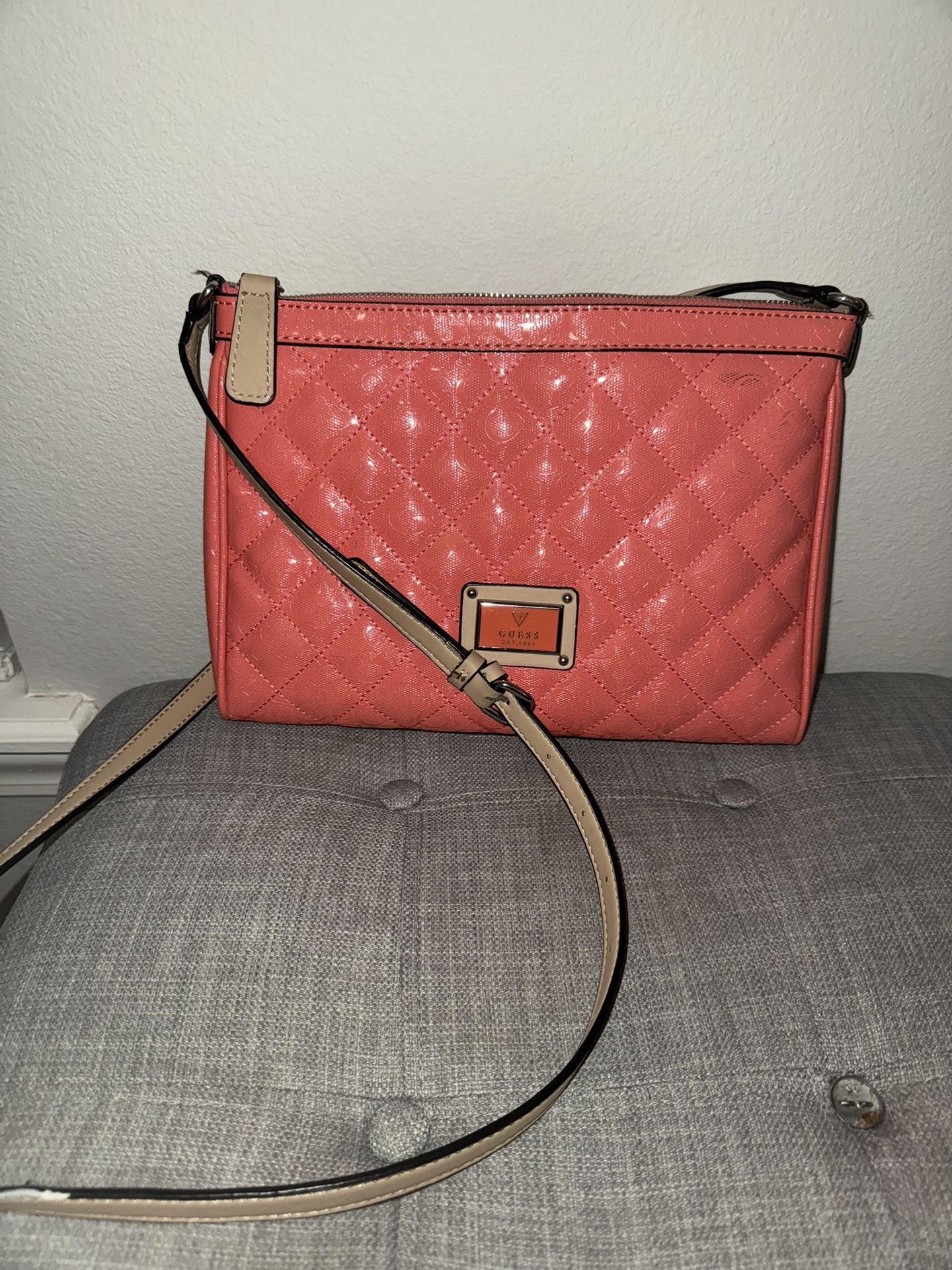 Guess Quilted Patent Leather Crossbody Bag – Coral