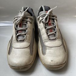 PRADA AMERICAS CUP LOW TOP SNEAKERS SHOES BEIGE LEATHER/SILVER MARKED 38.5 US8.5  