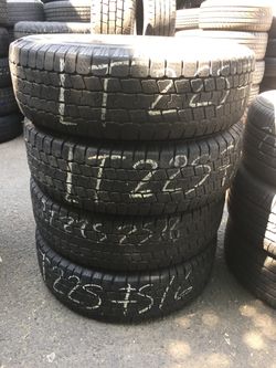 225/75/16 LT Goodyear wrangler set of 4 user tires in great condition 225$ for 4. Installation balance and wheel alignment available but not included