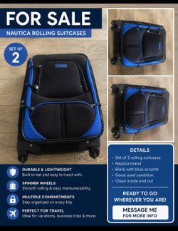 🧳 For Sale: Set of 2 Nautica Rolling Suitcases carry on & check bag size – Great Condition  Condition: Very good — clean, no rips, no damage  Perfect