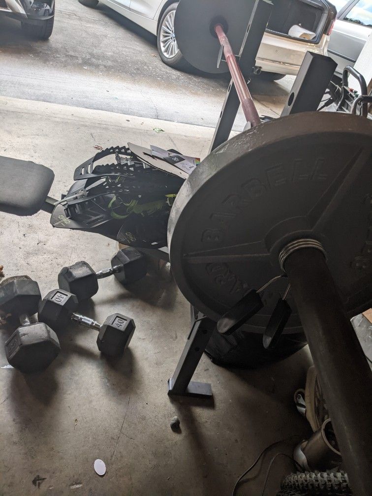 Plates, Barbell, Dumbbells.