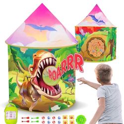 Dinosaur Kids Tent with Roar Button, Toss Game, Dart Board, Foldable Dino Pop Up Tent for Kids