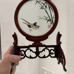 Asian Chinese Table Art Like New.  Signed. Embroidered Silk Bird On Both Sides.  From China. 