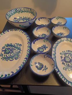 9-Piece Vintage Spanish Fajalauza Ceramic Serving Set – Hand-Painted Blue & Green Pomegranate Design from Granada, Spain