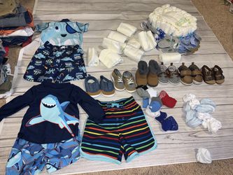 Baby clothes, shoes, socks, mittens, & size 1 diapers