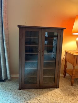 Antique Wood Glass-Door Bookcase Display Cabinet With Original Key