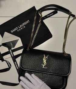 Saint Laurent Niki Medium Chain Bag — Black grained leather with antique gold-tone YSL logo and chain strap