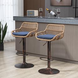 Rattan Bar Stool Set of 3 Adjustable Swivel Barstools with Linen Cushion, Rustic Wicker Counter Height Bar Stools with Low Back and Footrest for Outdo