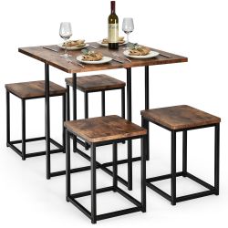 Costway 5pcs Dining Set Compact Dining Table and 4 Stools Metal Frame Nature\Vintagehw66632cf