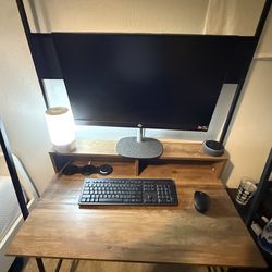 Brown wooden ladder desk with shelves