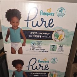 2x Boxes Pampers Baby Diapers - Pure Protection - Size 7, 60 Count, for up to 100% Leakproof, Premium Plant-based Skin Protection