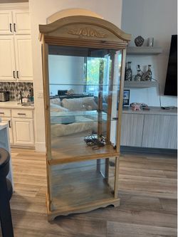 Solid Wood Glass Curio Display Cabinet w/ Light & Adjustable Glass Shelve