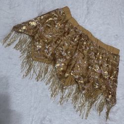 New 1x gold sequin beaded short skirt festival raver outfit rave boho fringe