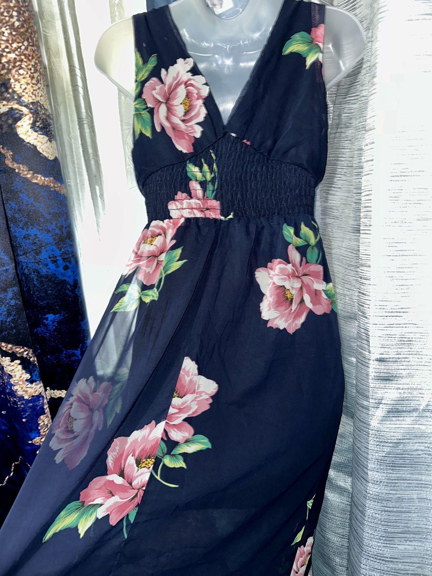 Sienna Sky V-Neck Front & Back ~ Floral Print Long Dress ~ Short Lining - Small