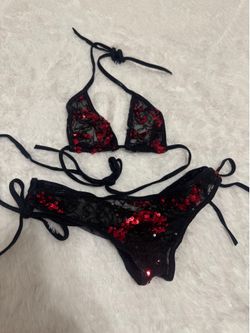 New Small sequin sheer red black low rise bikini goth emo festival rave y2k outfit From early 2000s low rise scrunch bottom
