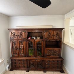 Large Ornate Carved Wood Cabinet with Leaded Glass
