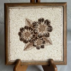 Vintage Wood Framed Brown Speckled Ceramic Tropical Flower Tile Trivet 
