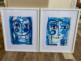 Set of 2 Modern Blue Abstract Expressionist Portraits