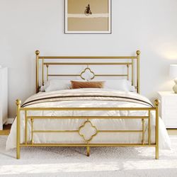 Gold Queen Size Metal Platform Bed Frame with Victorian Vintage Headboard