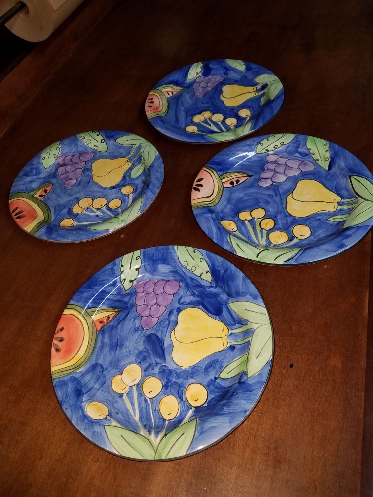 Hand Painted Brushed Blue Fruit Dinner Plate