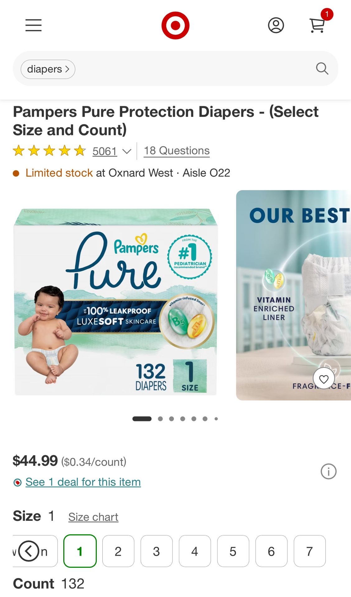 Pampers Size 1 Diapers 132 Count