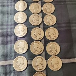 Lot of 19 Washington. 90% silver, Quarters 1936