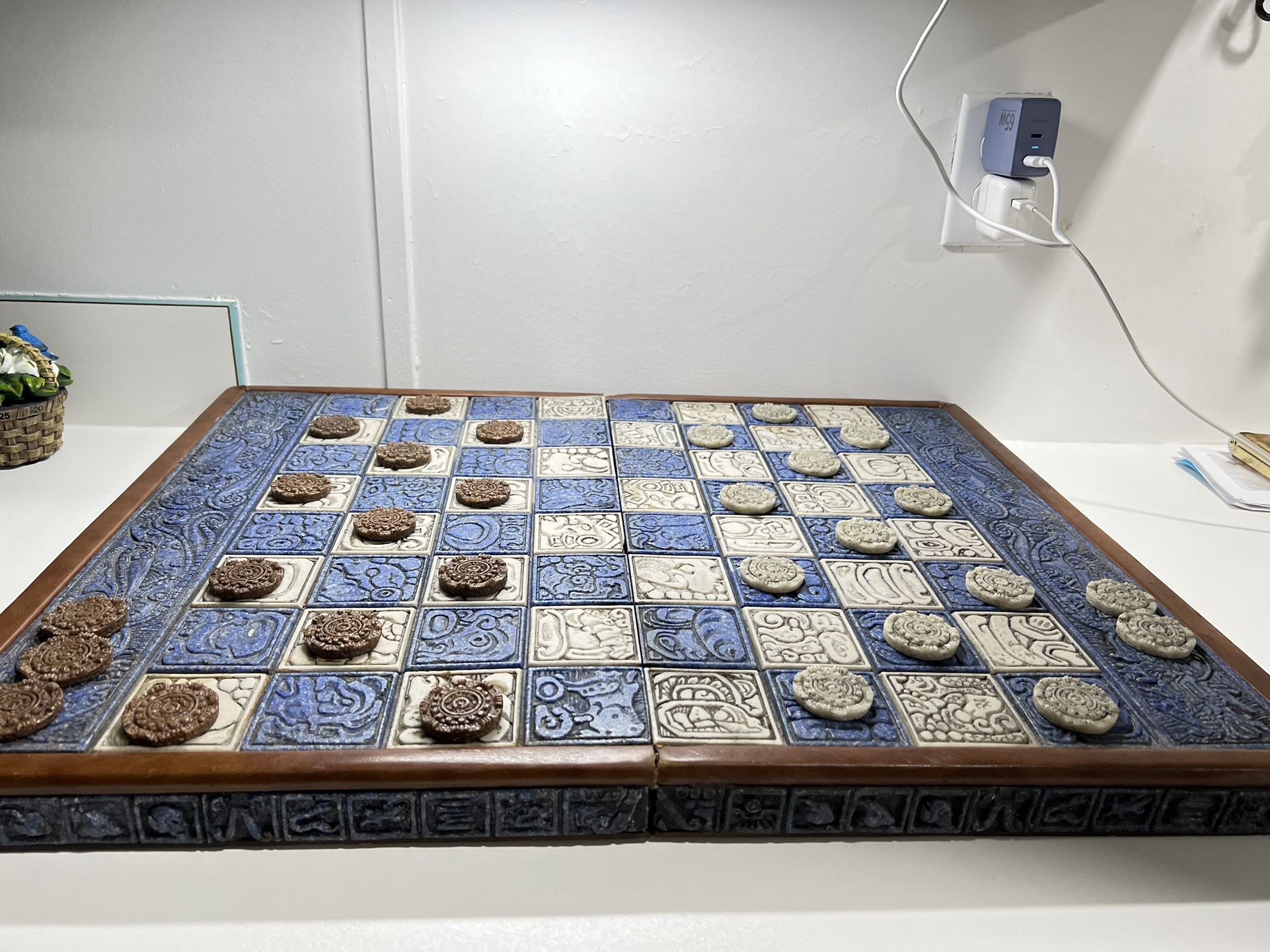 Chesss Stone Mayan Or Aztec Inspired Chess & Set vintage 24 x 19
