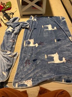 Blue Fleece Throw Blanket with Reindeer Print Christmas