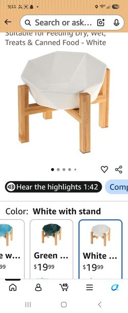 White Ceramic Pet Bowl with Bamboo Stand