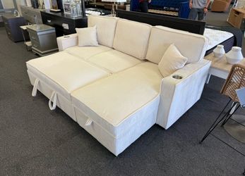 Cream Corduroy Sectional Sleeper Sofa with Cup Holders