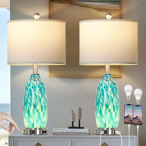 26" Peacock Green Glass Table Lamps Set of 2,Coastal Nautical Bedside Lamps with USB Ports & AC Outlet,Lamparas Elegantes para Cuarto with Night Light