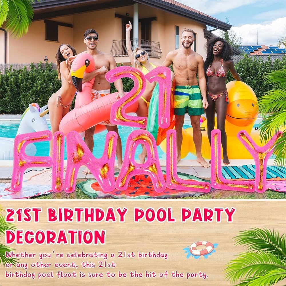 9 Pcs 20" Finally 21 Pool Floats with Adhesive Dots 21st Birthday Party Large Inflatable Floating Letter Set Pink Pool Decor