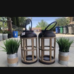 Farmhouse Tabletop Home Decor 13” Inches Tall Lantern Decor & Grass Plants Bundle Of 4