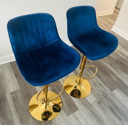 Bar stools x2 Velvet Navy Blue & Gold