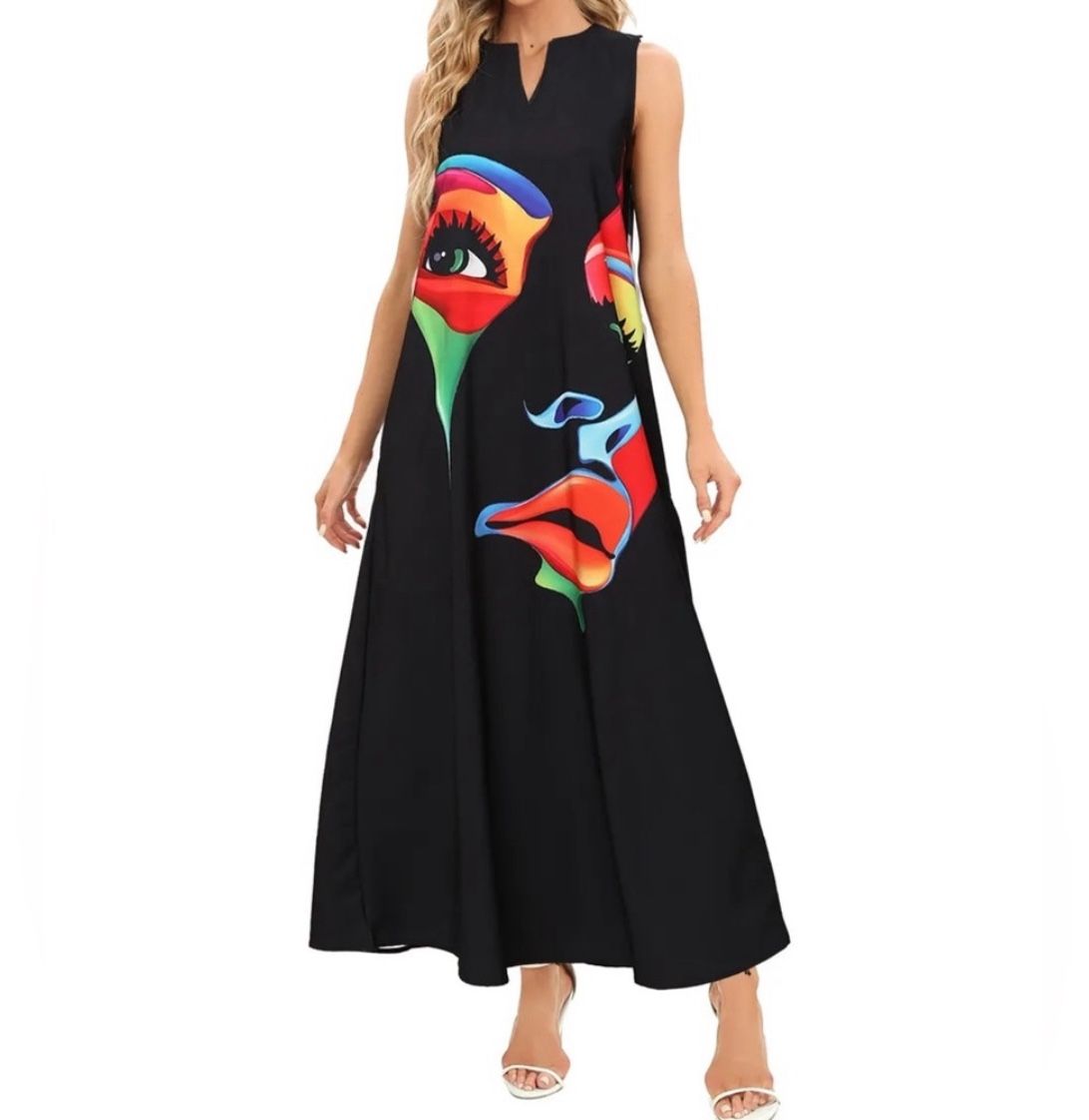 Long Black Flowy Colorful Face Dress
