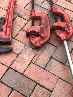 Large Ridged Pipe Tools For Sale. 36” Pipe Wrench. Two 2”-4” Pipe Cutters.