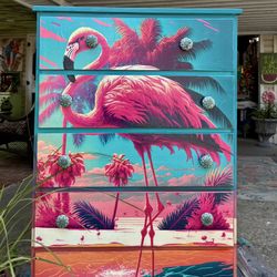 Stunning Vintage Beauty Flamingo Inspired Chest Of Drawers