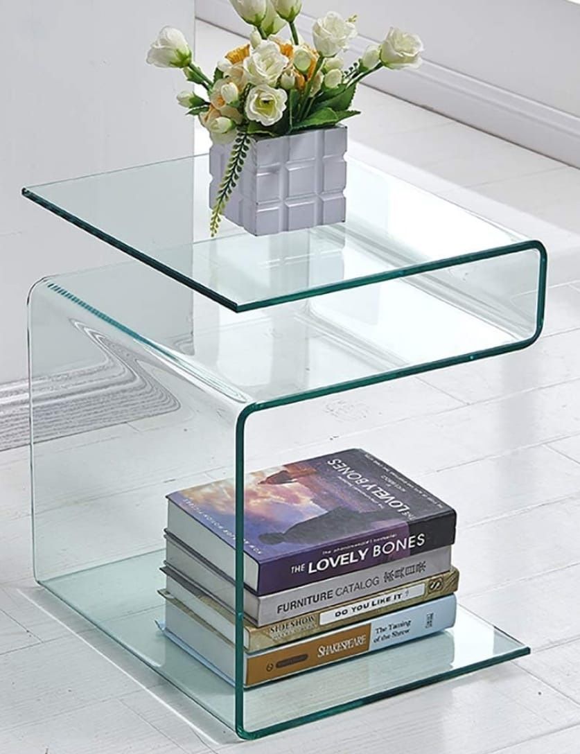 Glass Nightstand, Side Table, S-Shaped End Table for Living Room, Bedside Table for Bedroom (Clear)