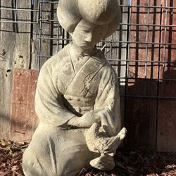 Antique 1960s Era Solid Cement Japanese Geisha Holding Dove Bird Garden Art / Yard Art Has Wear 