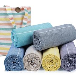 HILLFAIR Cotton Turkish Beach Towels- Lightweight Sand Free Peshtemal Hammam Towels for Bath Swim Yoga Spa-XXL Oversized Beach Towel (39 x 72 inch - 6