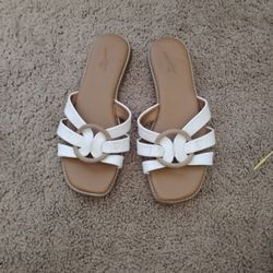 Women's Slip-on Sandals White Top Brown Bottom Flats 7