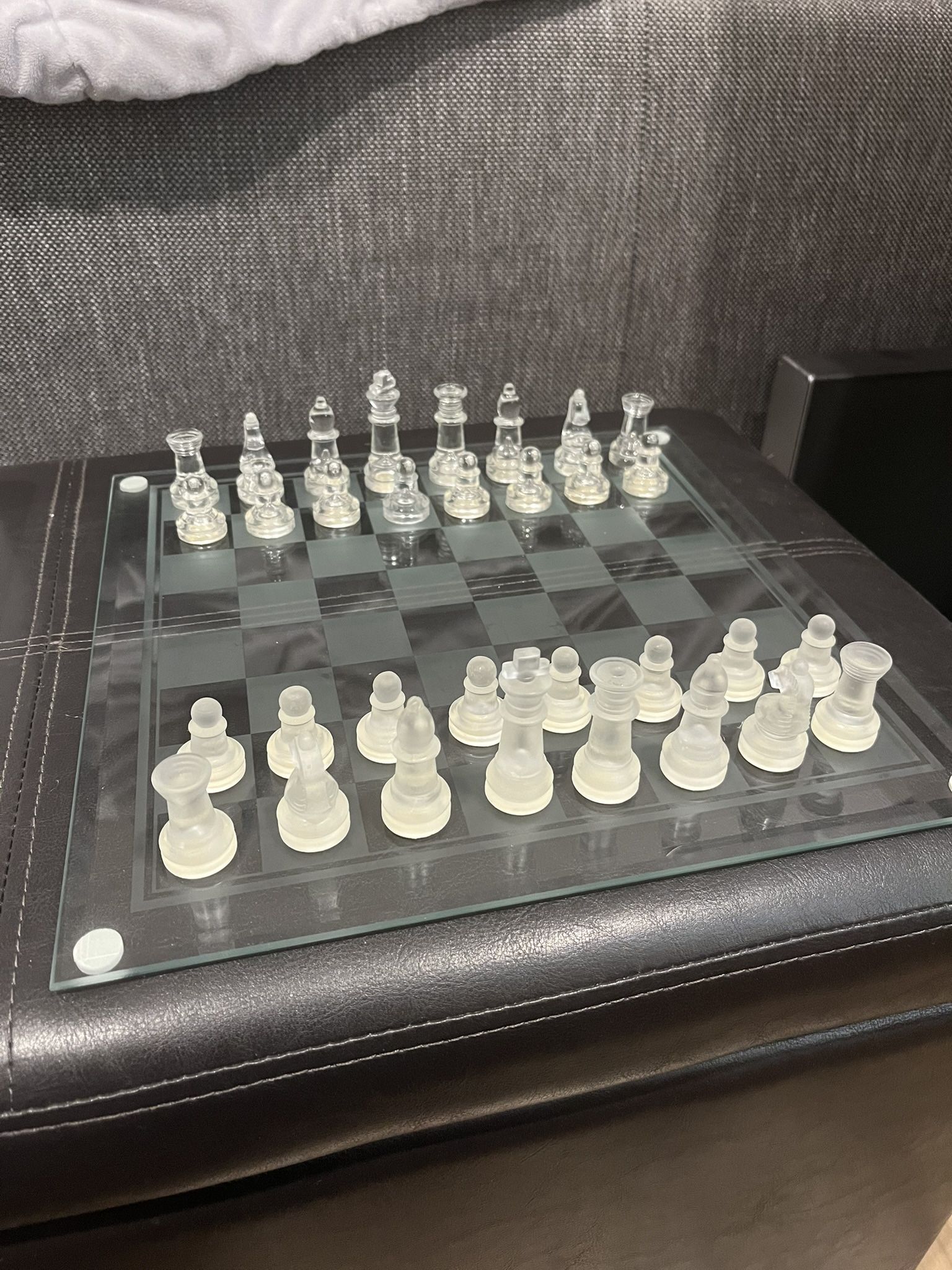 3-in-1 Glass Chess, Checkers & Backgammon Set – Frosted & Clear Pieces