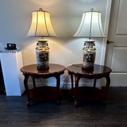 Pair of vintage Asian porcelain lamps with Tables 